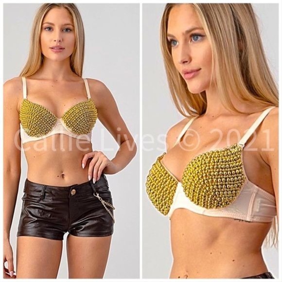 Callie Golden Pearl: Gold Beaded Nude Festival Bra Medium - Picture 7 of 15